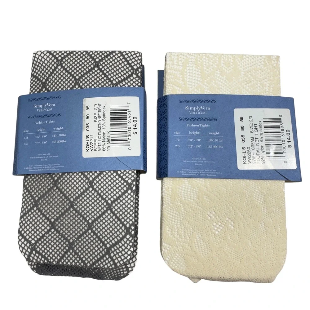 Simply Vera Vera‎ Wang Fashion Tights 2pk Metallic Diamond & Floral Net Size 2/3